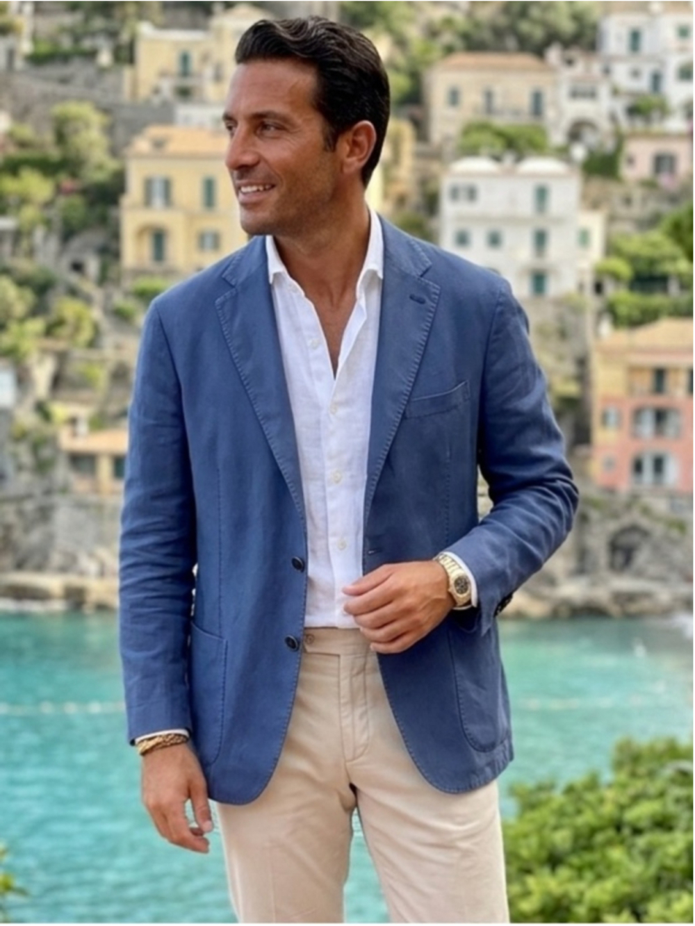 Al Duca D'Aosta Blue Premium Linen Cotton Blend 3 Button Blazer Size 52